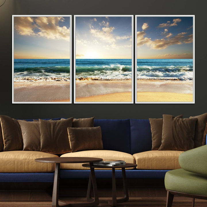 A Golden Sunset Beach triptych adorns the wall.