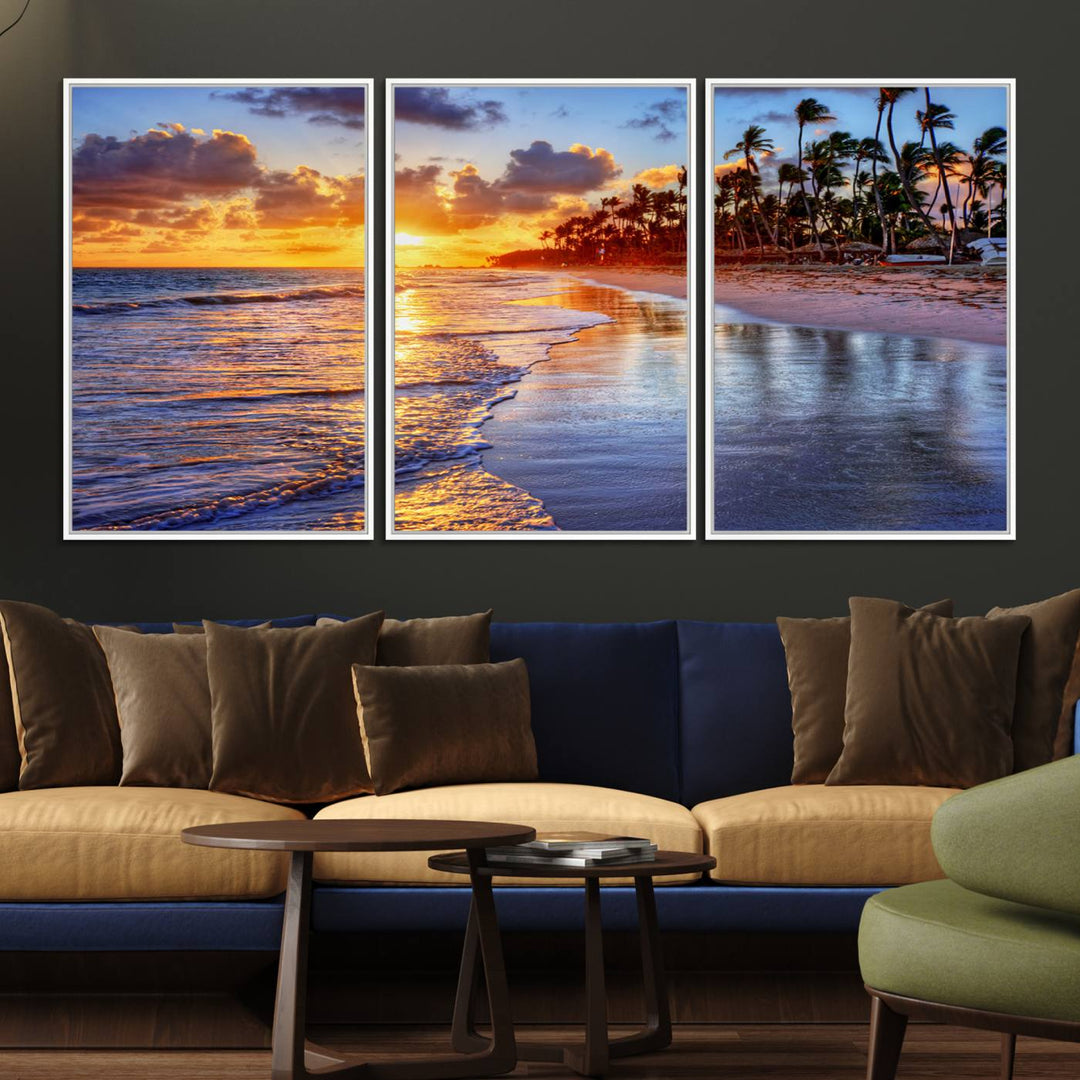 Serene Beach Sunset Wall Art Canvas featuring ocean waves hangs prominently.