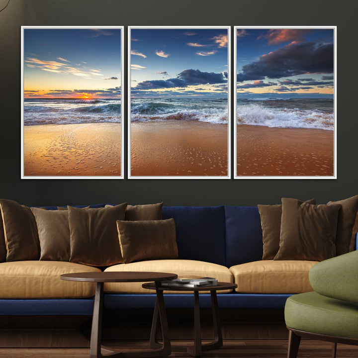 A Beach Canvas Wall Art depicting ocean waves and a tranquil sunset hangs above, capturing the serene beauty of coastal scenery.