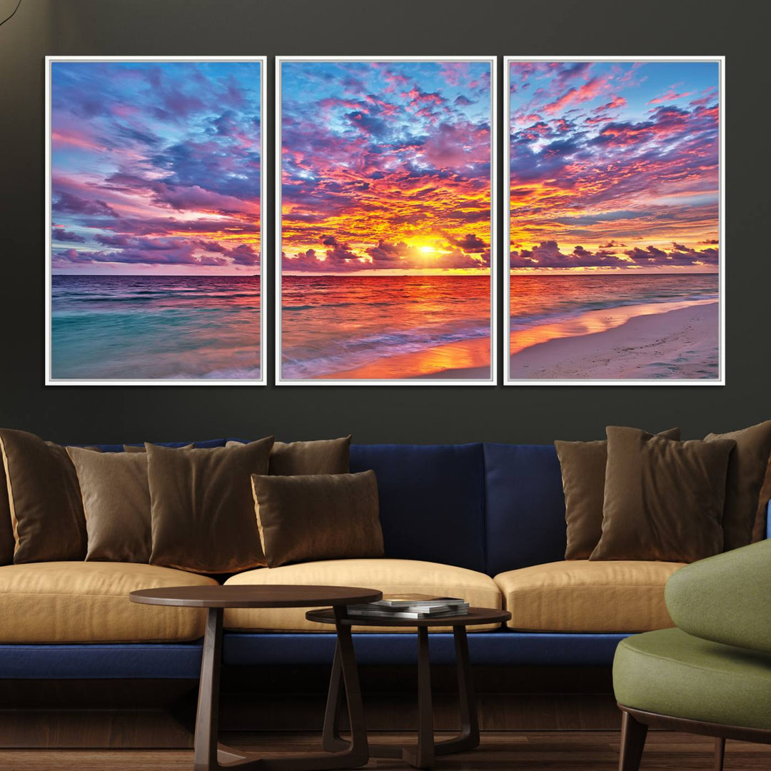 The Vibrant Sunset Beach Wall Art hangs prominently on the wall.