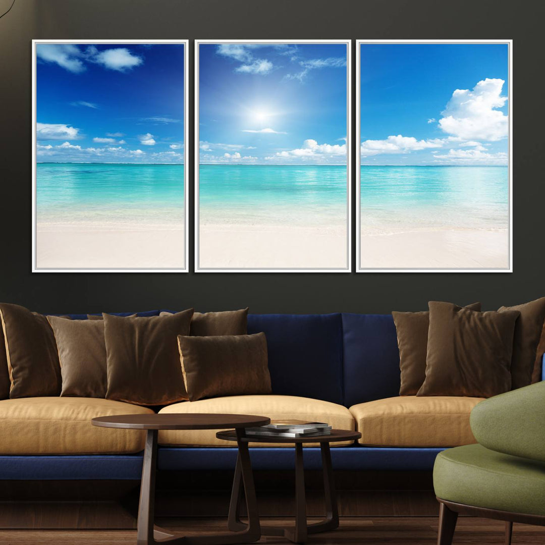 The Blue Ocean Wall Art Canvas Print hangs, creating a tranquil paradise.