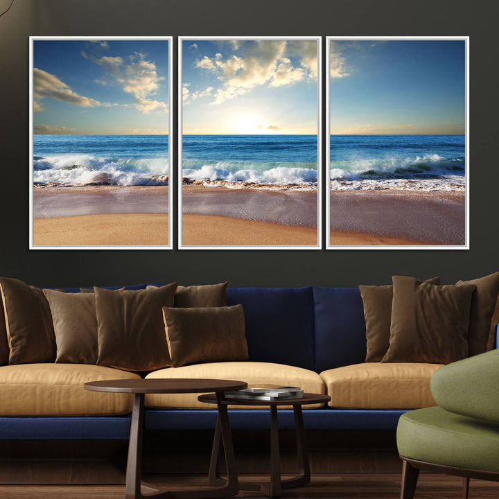 Serene Ocean Sunset Canvas Wall Art with beach waves at sunset.