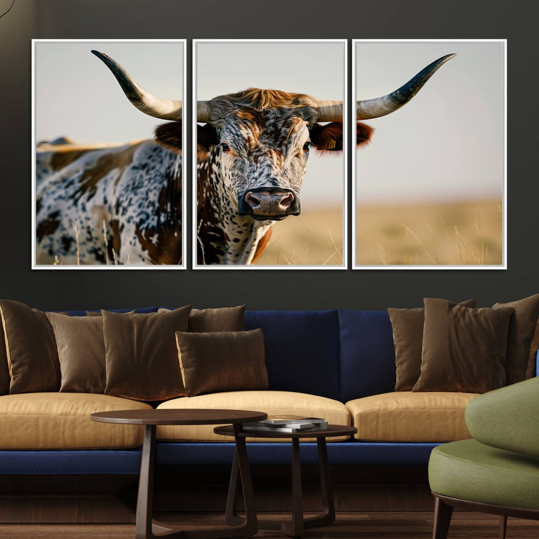 The Texas Bull Longhorn Wall Art Canvas Print is perfect for farmhouse decor.