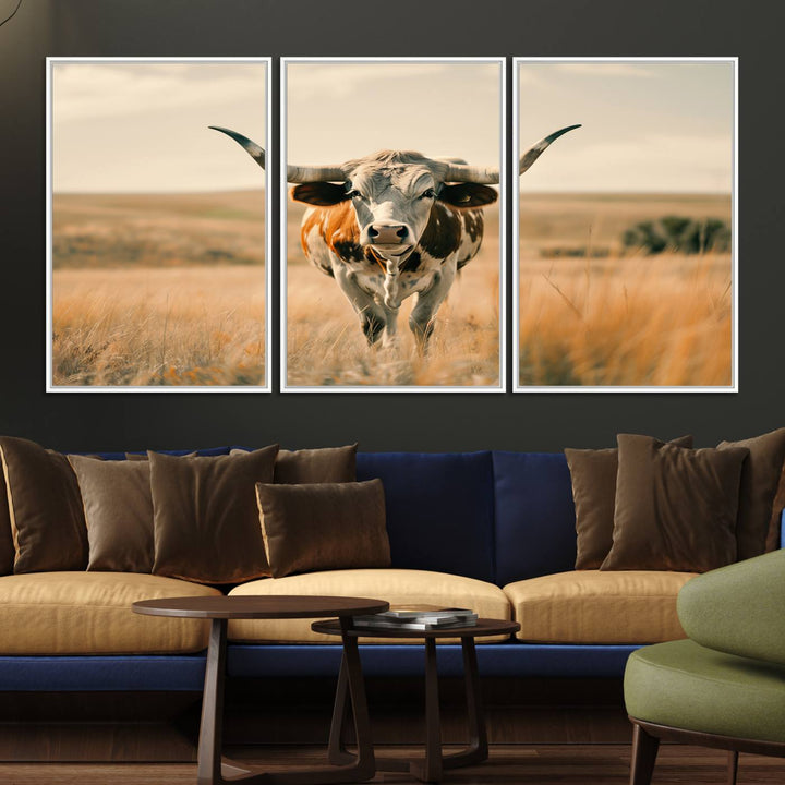 The Texas Cow Longhorn Wall Art Canvas adds rustic charm to the decor.