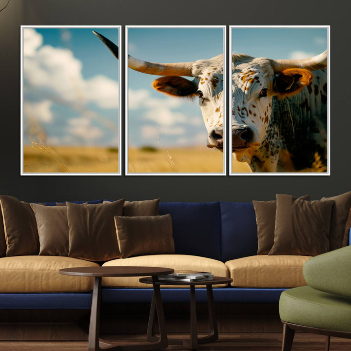 The Longhorn in the Prairie triptych cowboy wall art is ideal for western decor.