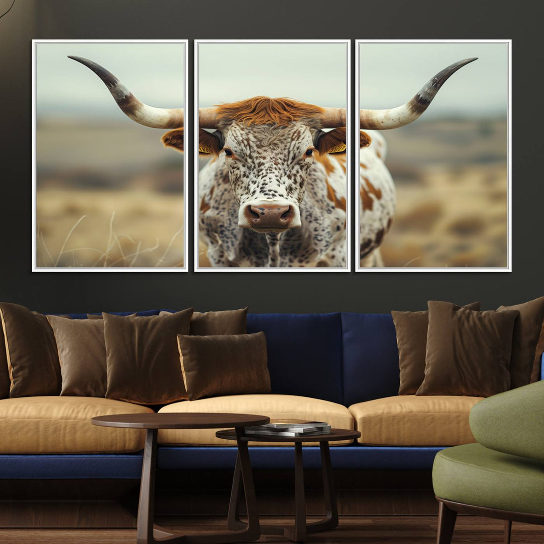 The Texas Cow Longhorn Canvas Print hangs, adding Western elegance.