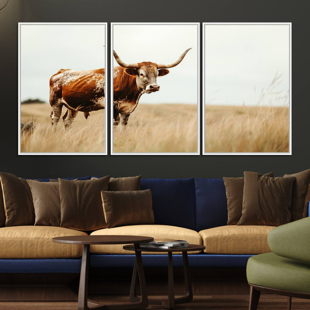 The Texas Longhorn canvas wall art print enhances a rustic farmhouse decor setting.