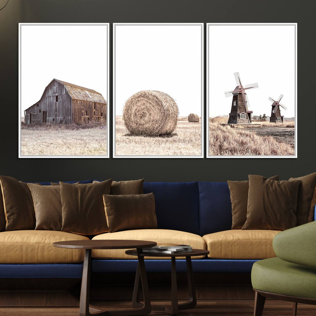 A set of 3 rustic Farm Prints, featuring barns and wheat, decorates a farmhouse wall.