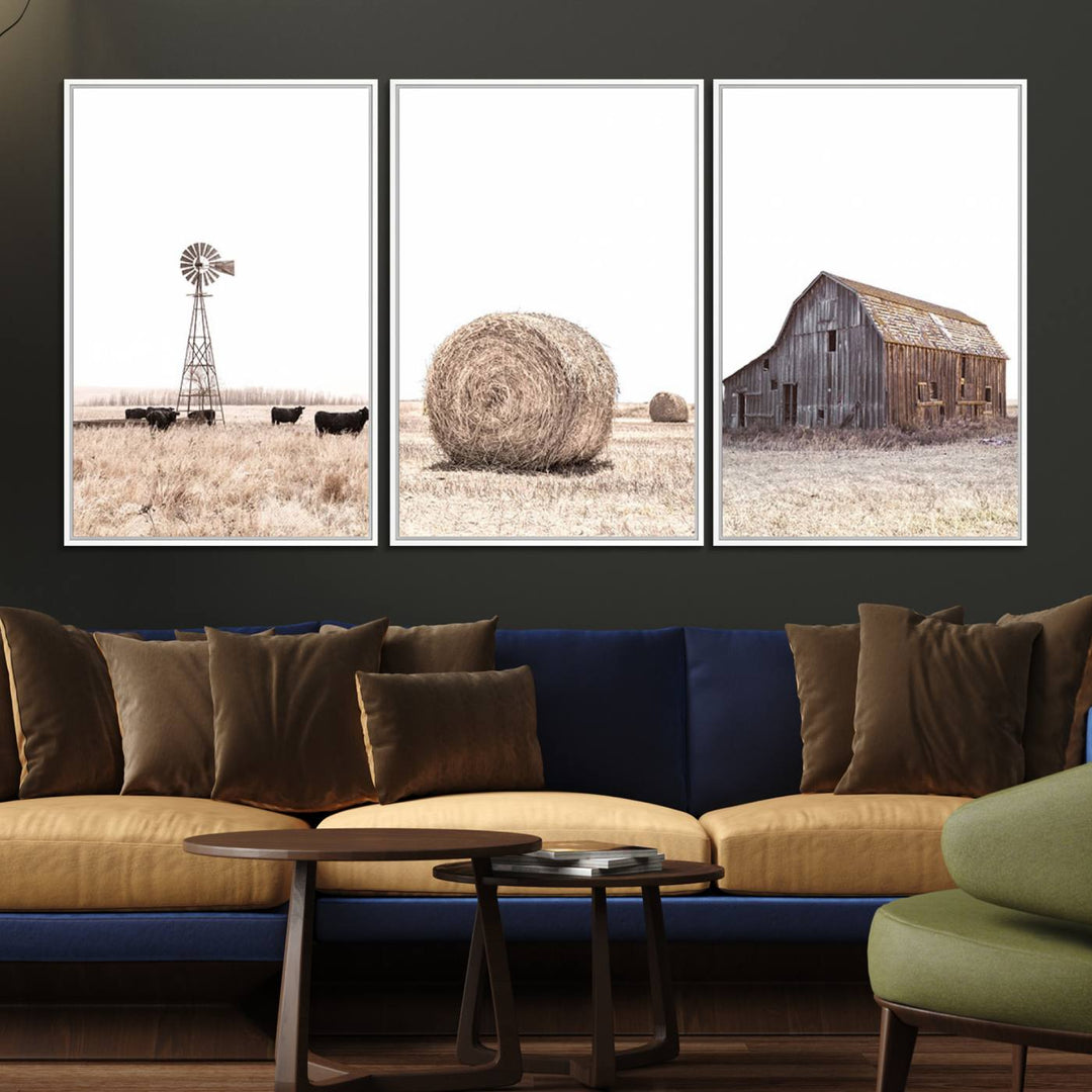 Above the couch, a Rustic Farmhouse Wall Art set depicts a barn and wheat field.