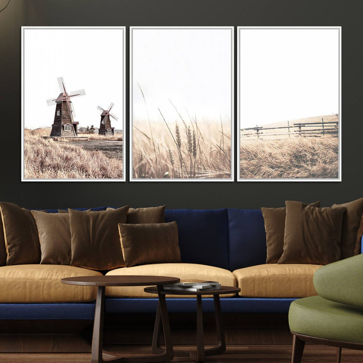 Farmhouse wall art set: 3 giclee canvas prints featuring windmills and wheat fields.