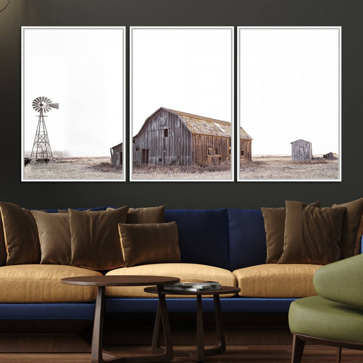 The Set of 3 Rustic Farmhouse Wall Art Prints features a barn, wheat field, and landscape.