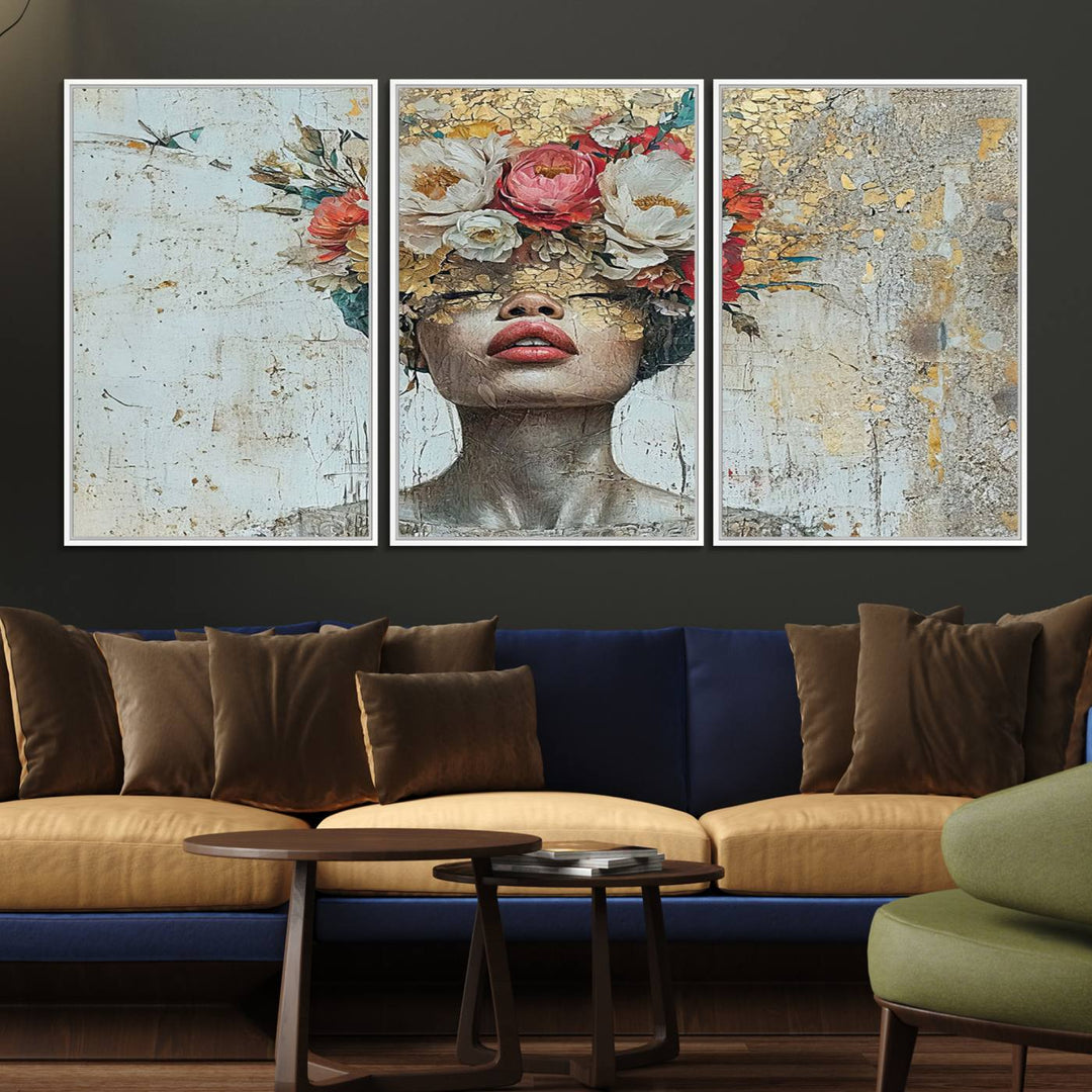 Golden Petal Canvas Print of a silhouette woman with a floral head creates a captivating focal point in the space.