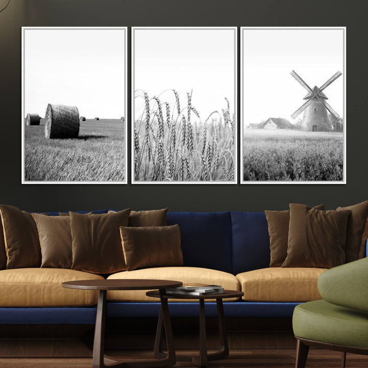 Vintage Farmhouse Black and White Triptych Wall Art – Giclee Canvas Featuring Wheat Fields, Hay Bales, and a Windmill for Rustic Home Decor
