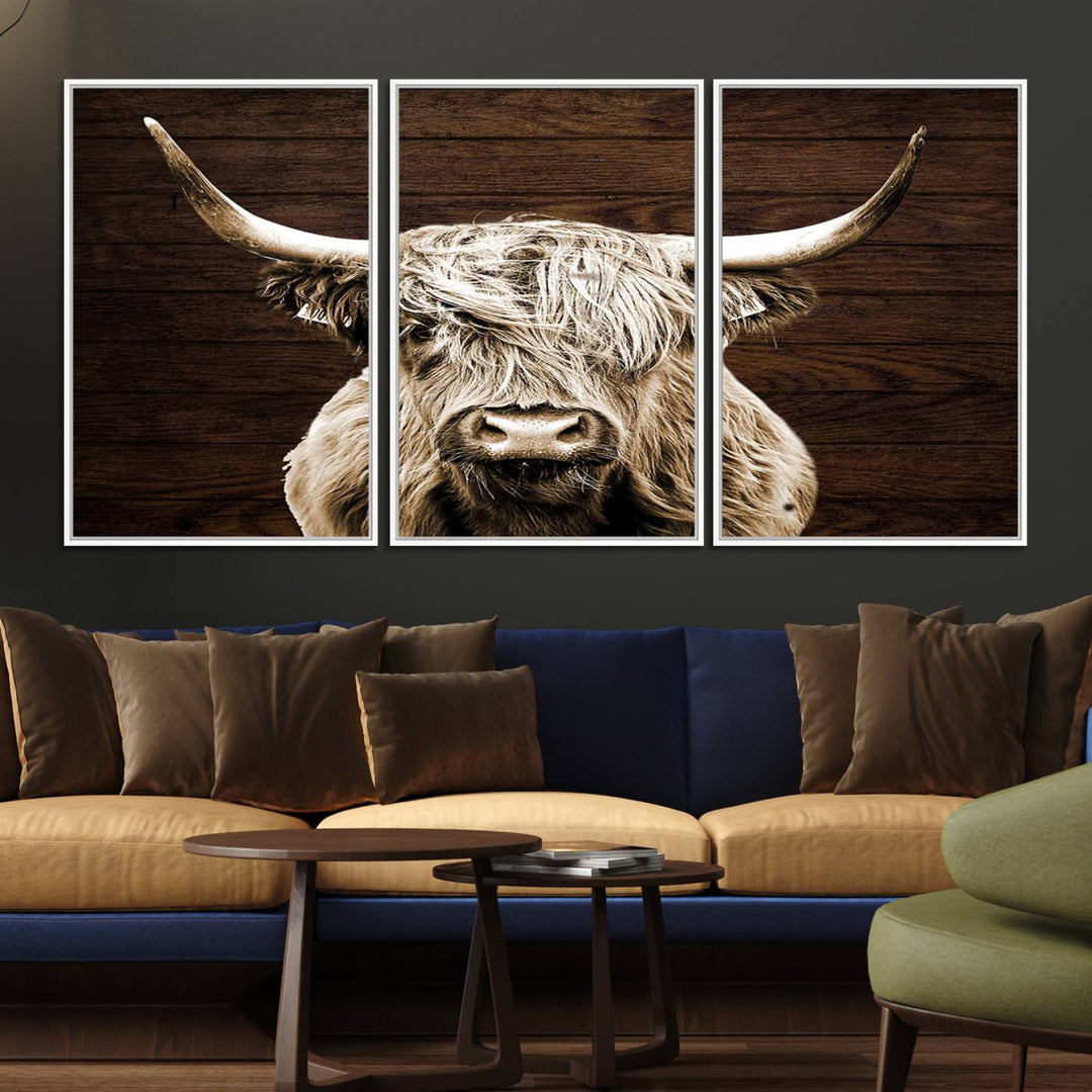 Highland Cow Wall Art Canvas Print: Majestic Scottish bull on rustic decor, ready to hang.