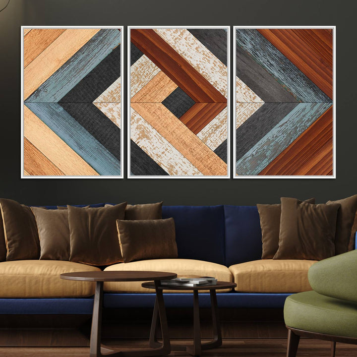 A Geometric Wood Art Wall Decor with a rustic pattern hangs prominently.