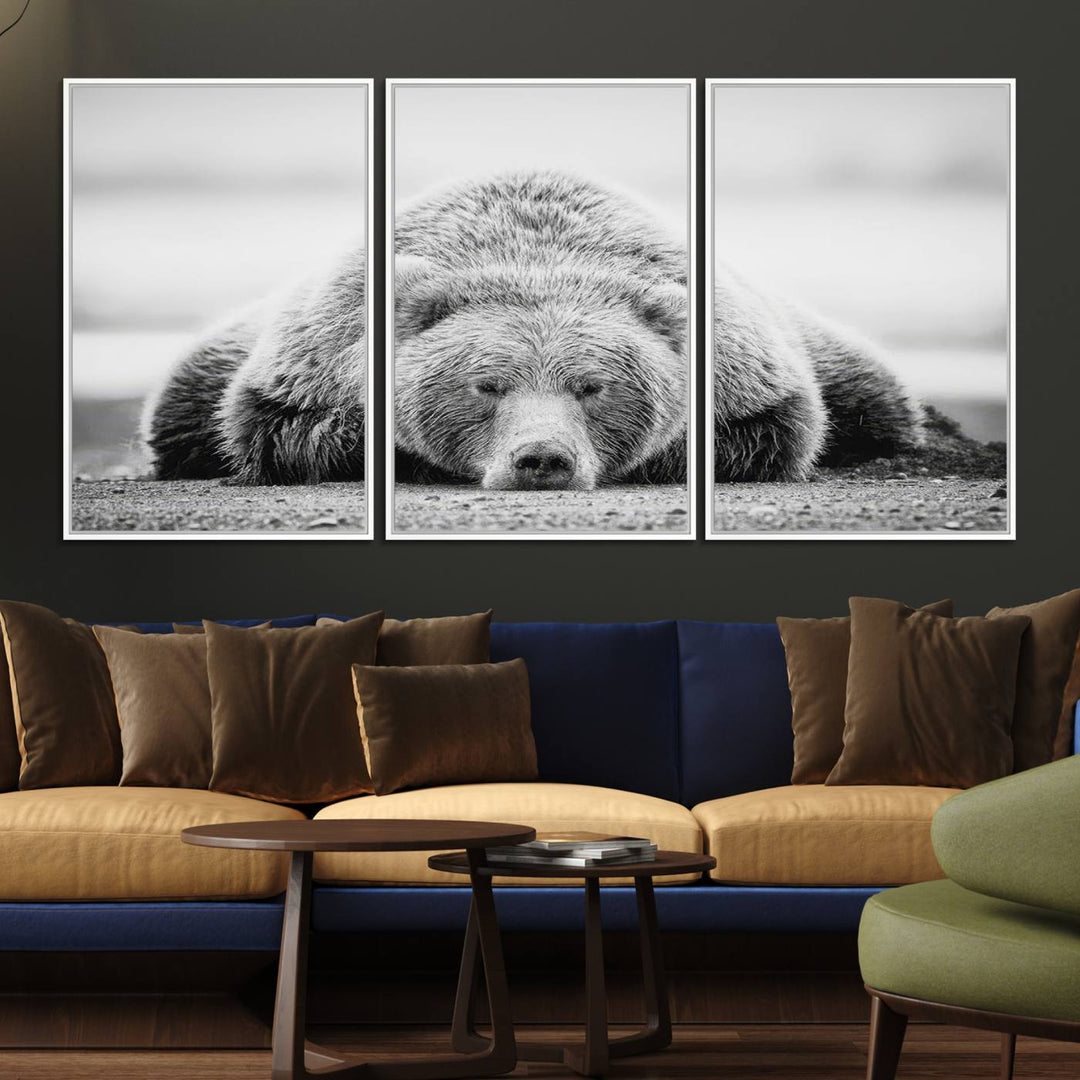 Resting Grizzly Bear wall art displayed in a modern room.