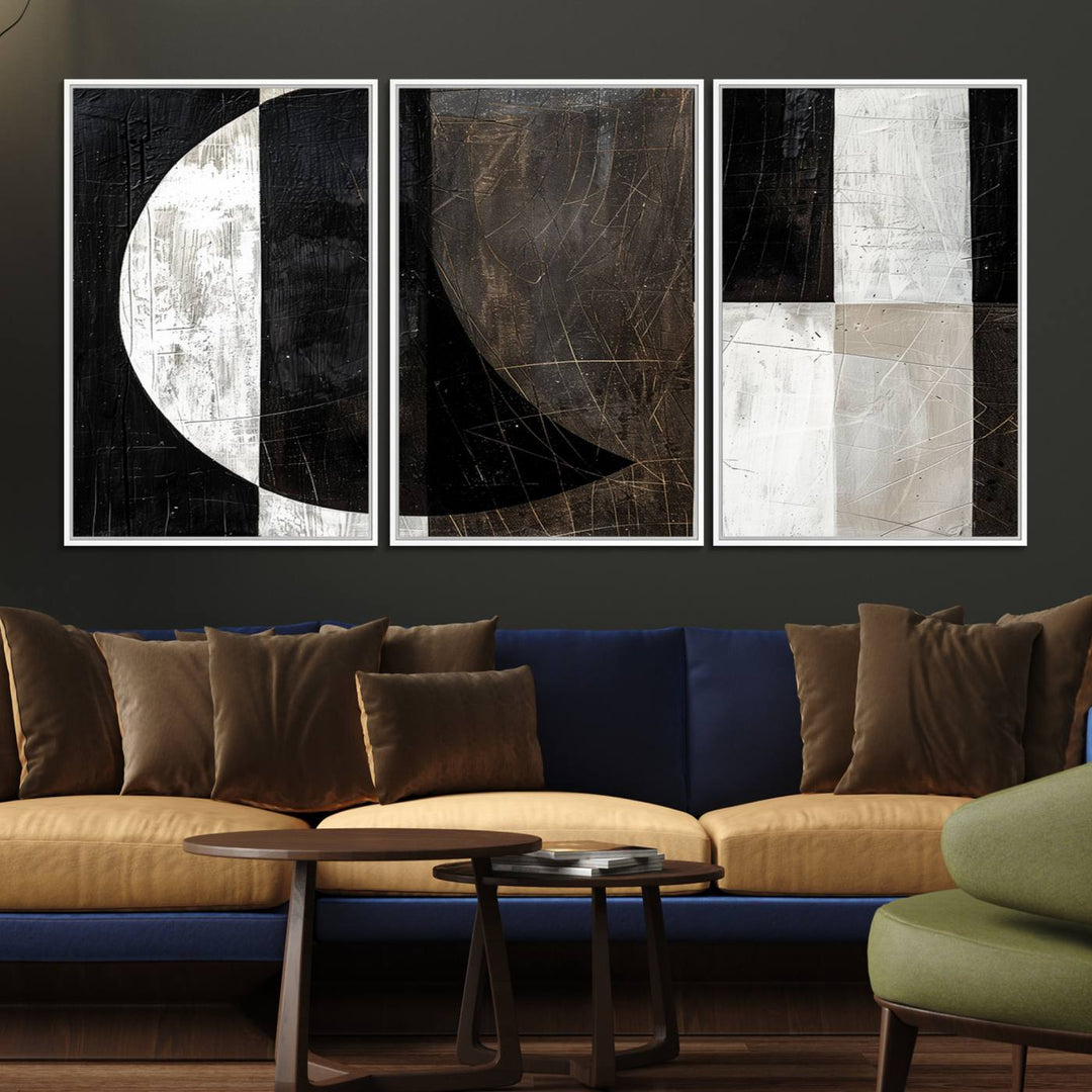 Wabi Sabi Wall Art Canvas Set features black, white, and brown geometric shapes.