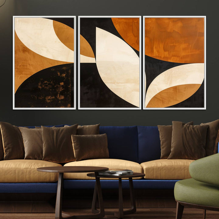 Geometric abstract wall art print featuring leaf shapes in brown, beige, and black.