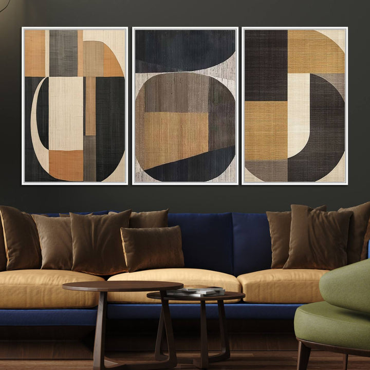 The Modern Brown Wabi Sabi Abstract Canvas Print Set hangs on the wall.