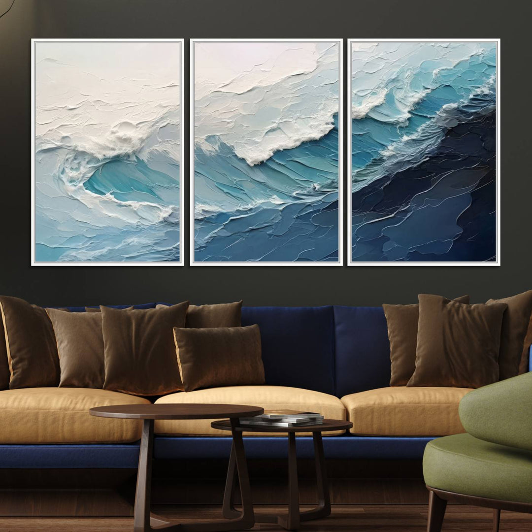 A Blue Abstract Wave Ocean Wall Art Canvas Print adorns the wall.