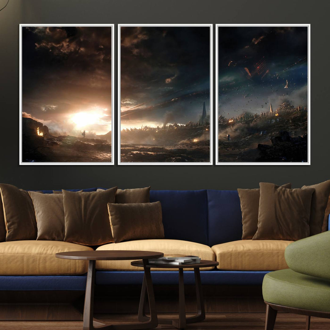 The Avengers Planet Wall Art Canvas Print depicts a stormy sky with figures.