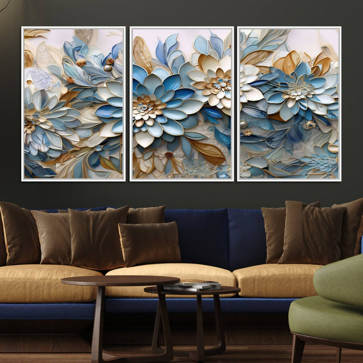 Blu Abstract Flower Canvas with blue, white, and gold petals—perfect home decor.