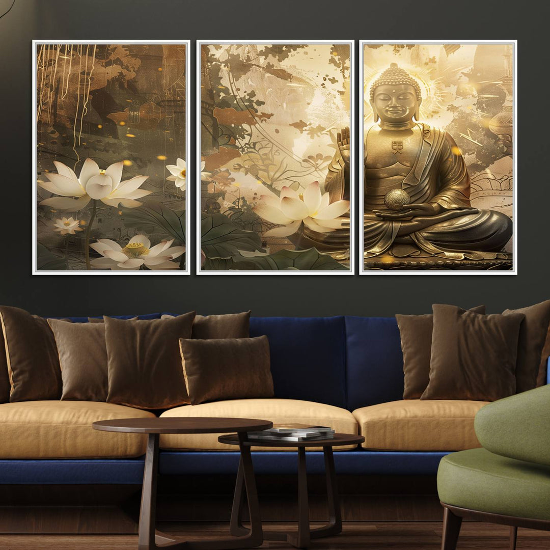 The living room features the Zen Buddha Wall Art Canvas Print with lotus flowers.