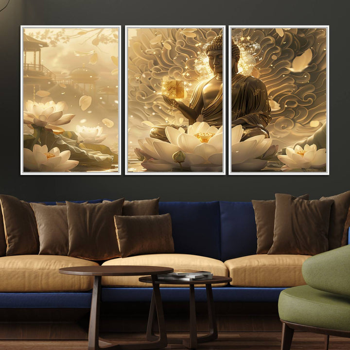 A framed Golden Buddha Wall Art with lotus flowers, ideal for meditation rooms, is beautifully displayed.