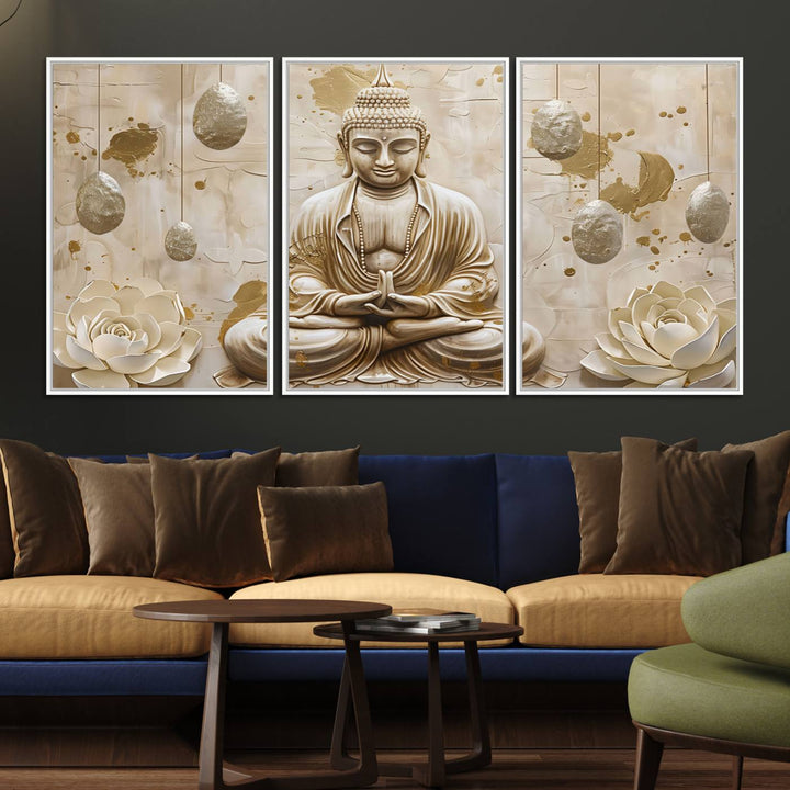 A modern Serene Buddha Wall Art, enhanced by lotus flowers, creates a tranquil atmosphere.