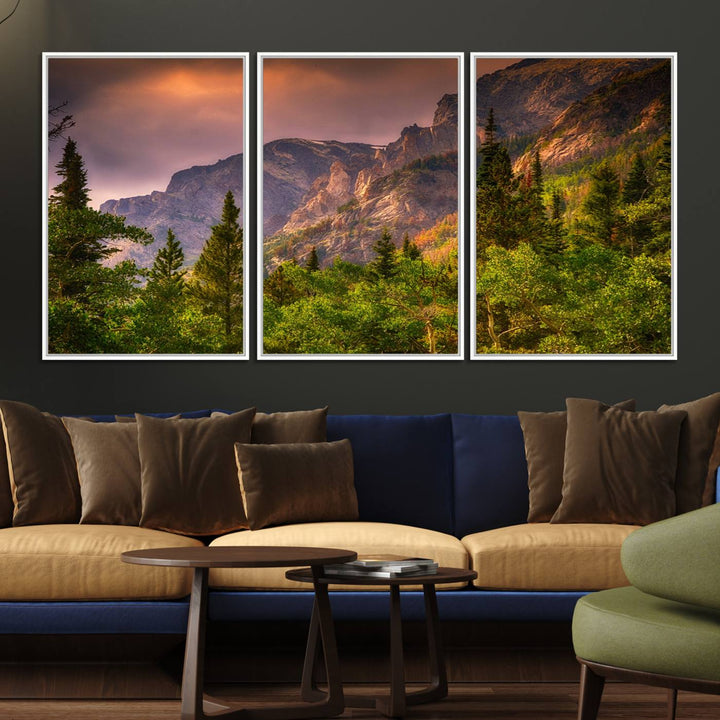 The Colorado Rockies Mountains wall art canvas print at sunset is displayed prominently.