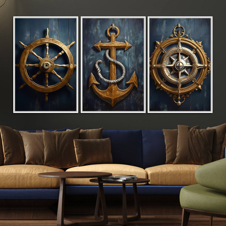 Boat Anchor Compass With Rope Wall Art: A nautical-themed canvas print.