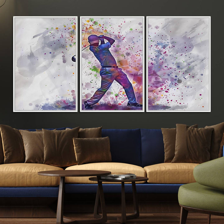 Vibrant abstract silhouette of a golf swing on white with multicolored splatters. Perfect for enthusiasts!.