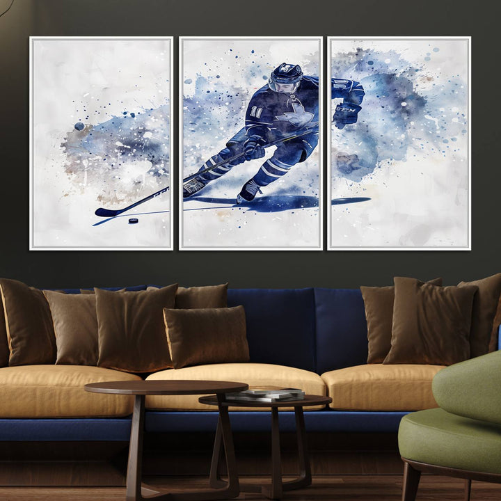 Vibrant Hockey Player Wall Art Display: Blue watercolor print.