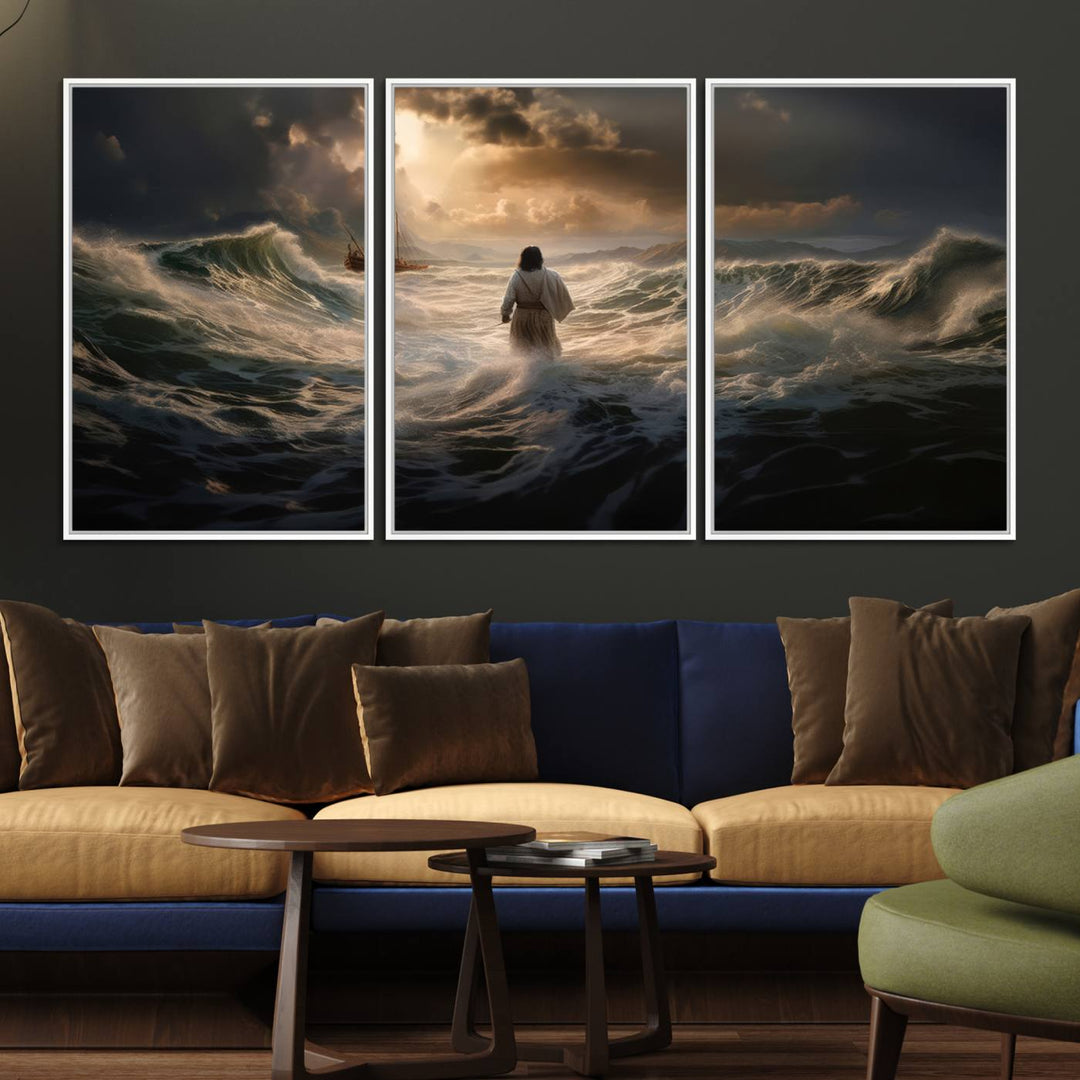 The wall art canvas print depicts a person in white striding on stormy ocean waves towards a sailboat under dramatic skies.