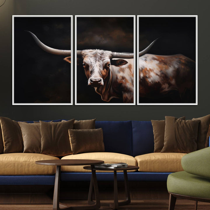 A modern kitchen featuring a Texas Longhorn Wall Art Canvas Print.