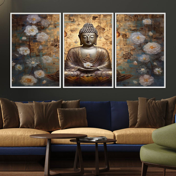 Golden Buddha wall art canvas print on a warm backdrop.