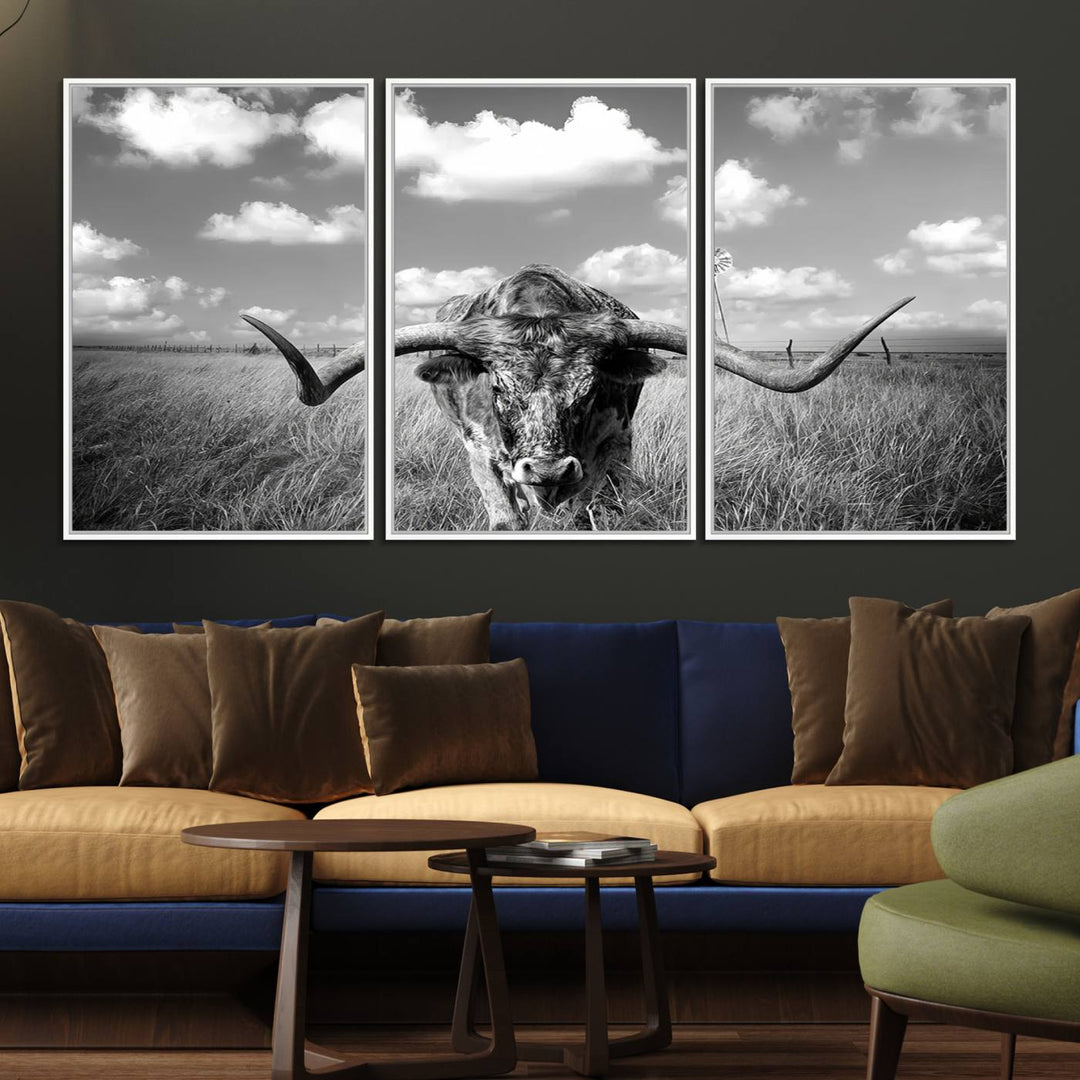 Longhorn Cow Field Canvas Print featuring rustic charm with a windmill backdrop.