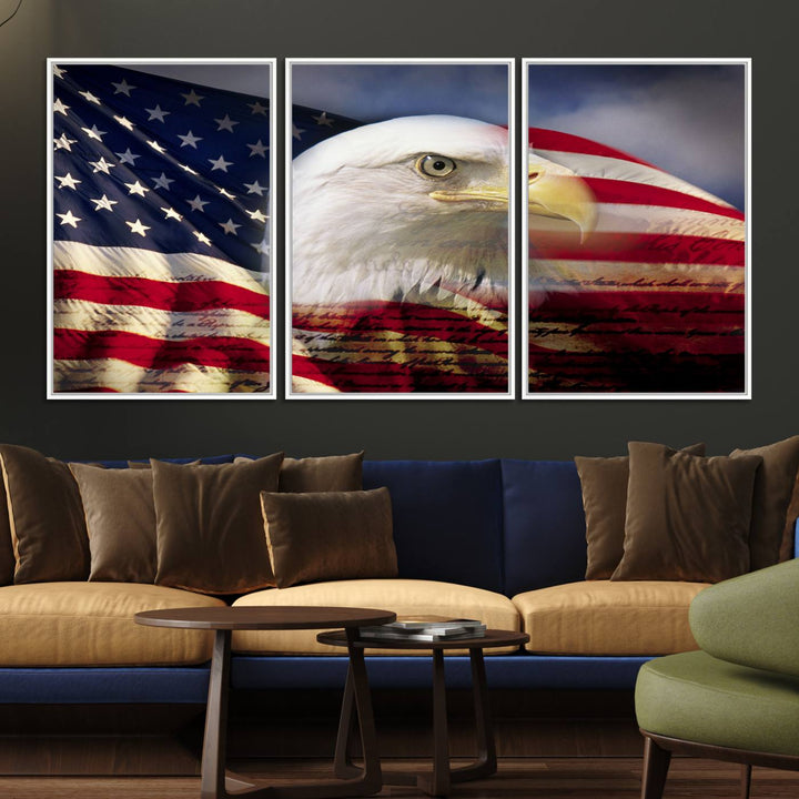 On the wall is an American Flag Eagle Symbol Wall Art Canvas Print.