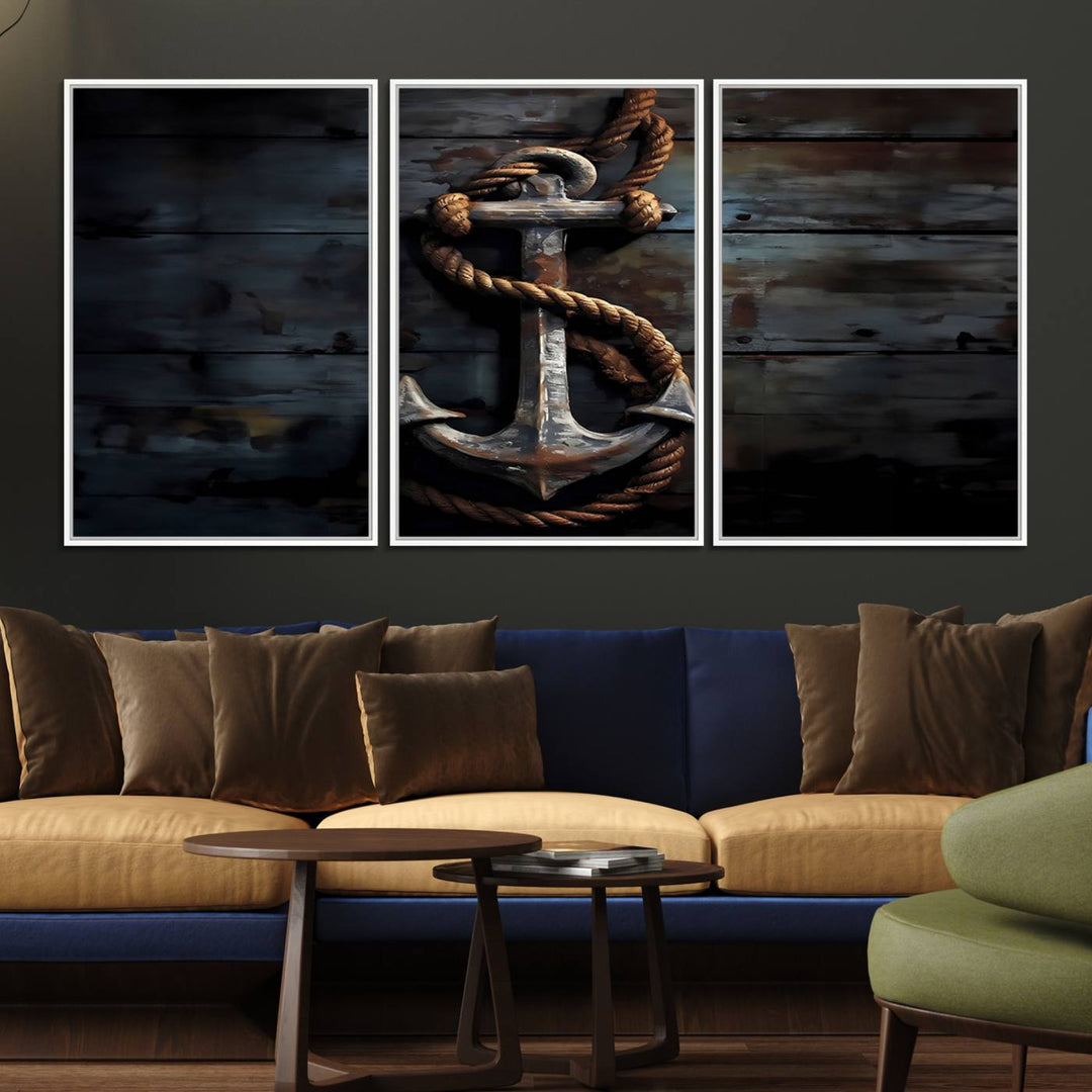 A "3 Panel Grunge Abstract Anchor Wall Art Canvas Print Set" adorns the wall, showcasing an anchor wrapped with rope. This museum-quality canvas boasts high-resolution printing and is professionally hand-assembled, elevating any space with elegance and artistic flair.