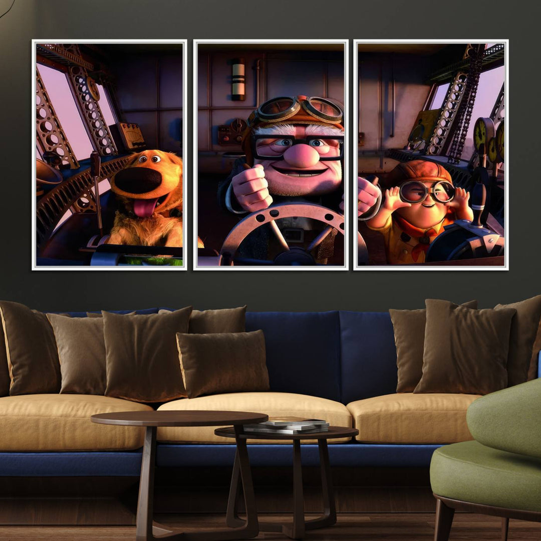 A man, boy, and dog flying a plane are depicted in the Carl Russel & Dog Movie Up wall art.