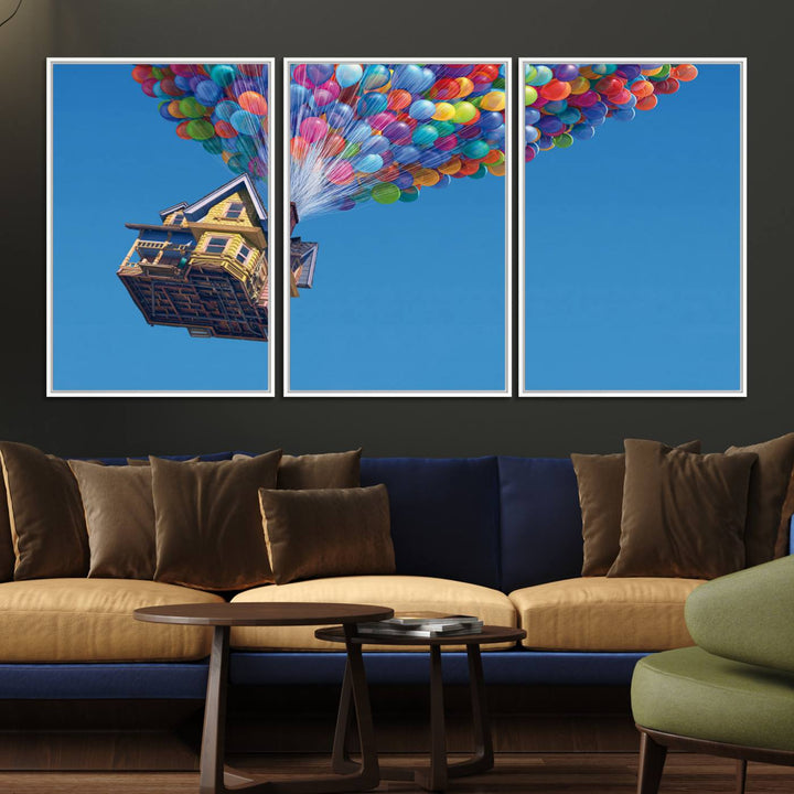 The Up house floats skyward, making it an ideal Carl Fredricksen wall art for kids rooms.