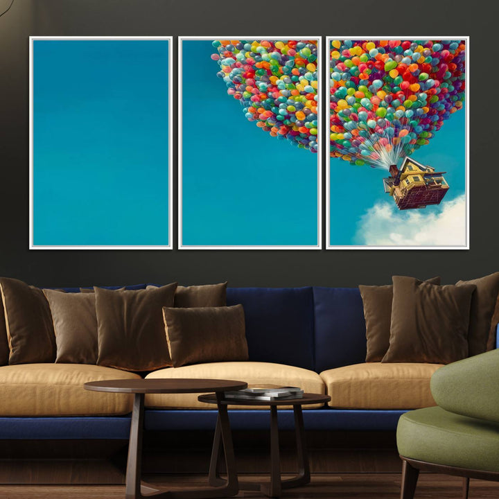 The Carl Fredricksen Up Movie Wall Art, featuring a colorful balloon house, adds vibrant decor to the space.