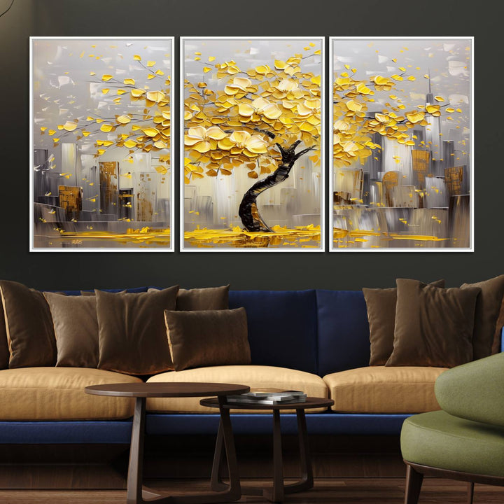 Golden Tree Canvas Print: Abstract wall art featuring golden leaves over a cityscape, ideal for modern homes. Ready to hang.