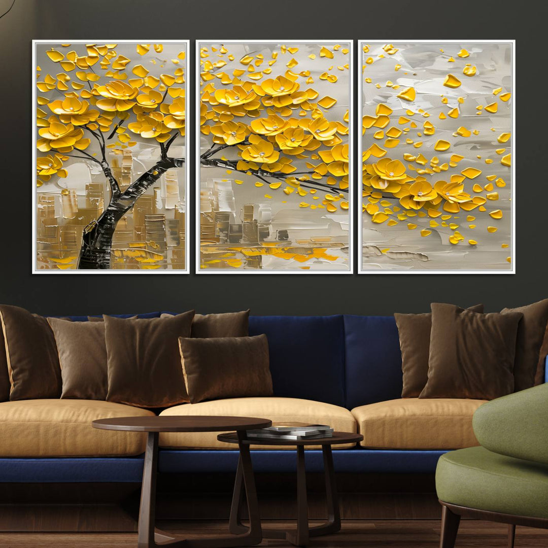 The living room showcases a Yellow Blossom Tree Canvas Wall Art, modern and floral.