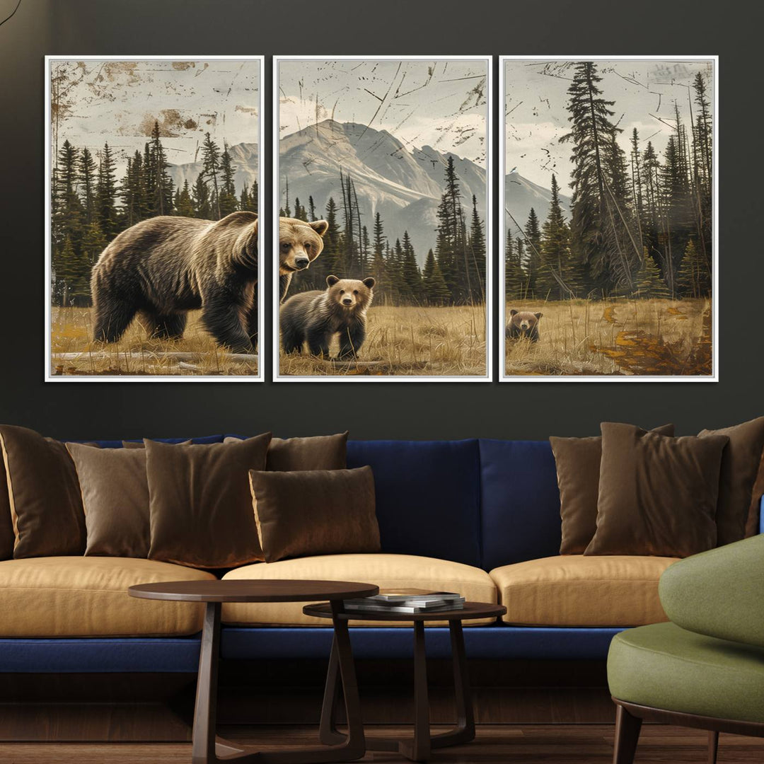 Rustic Grizzly 399: Bear Family Wall Art Canvas Print.