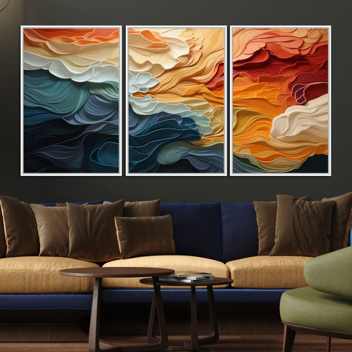 Blue Orange Abstract Wave Wall Art Canvas Print.