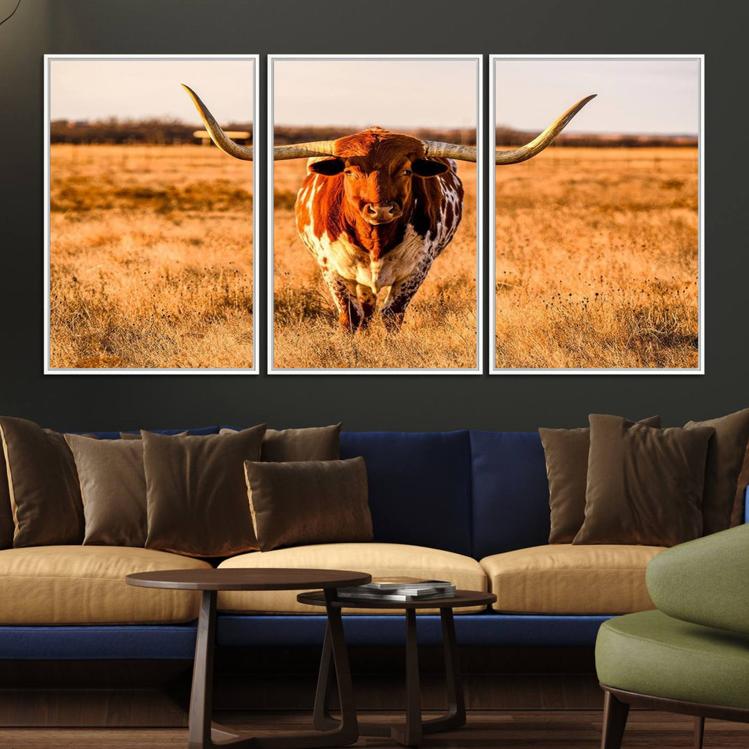 The Longhorn Cow Wall Art framed canvas brings rustic charm and farmhouse decor with its warm field scene.