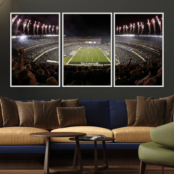 The wall art of Eagles Field Stadium showcases nighttime fireworks over a full stadium.