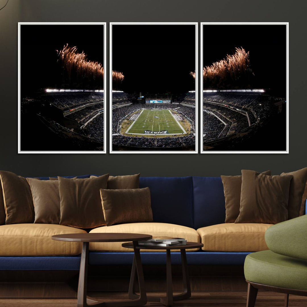 Eagles Stadium Wall Art depicting a nighttime game and fireworks at Lincoln Financial Field.