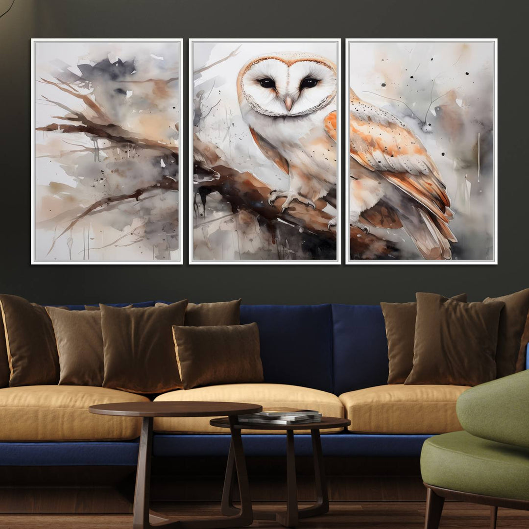 The Barn Owl Wall Art watercolor canvas adds a rustic twist to farmhouse decor.